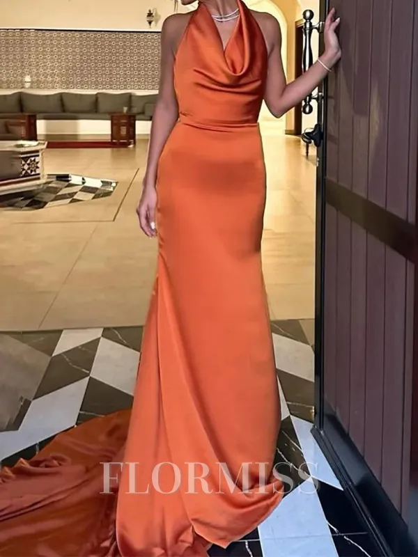 Sheath Halter Pleated Chapel Train Charmeuse Porm Dress