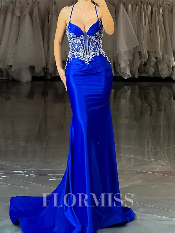 Sheath Halter Appliques Lace Sweep Train Silk Like Satin Corset Porm Dress