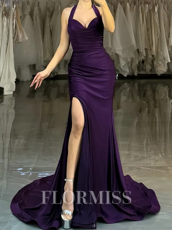 Sheath Halter Pleated Court Train Jersey Porm Dress