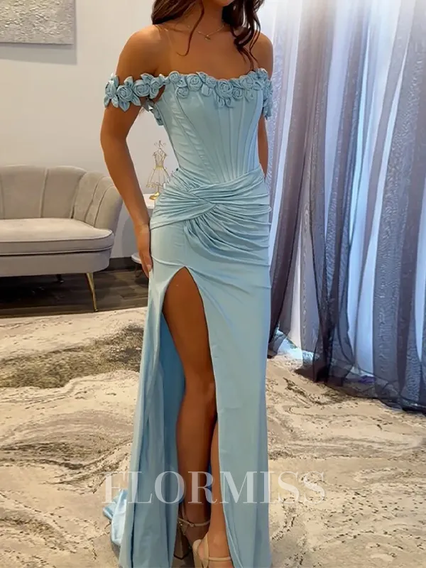 Sheath Off-the-Shoulder Pleated Sweep Train Silk Like Satin Corset Porm Dress