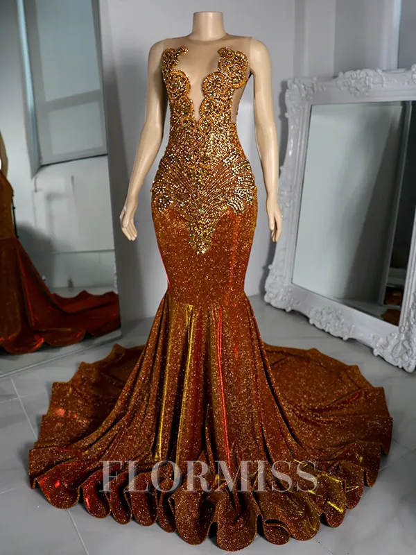 Mermaid Illusion Beading Court Train Porm Dress