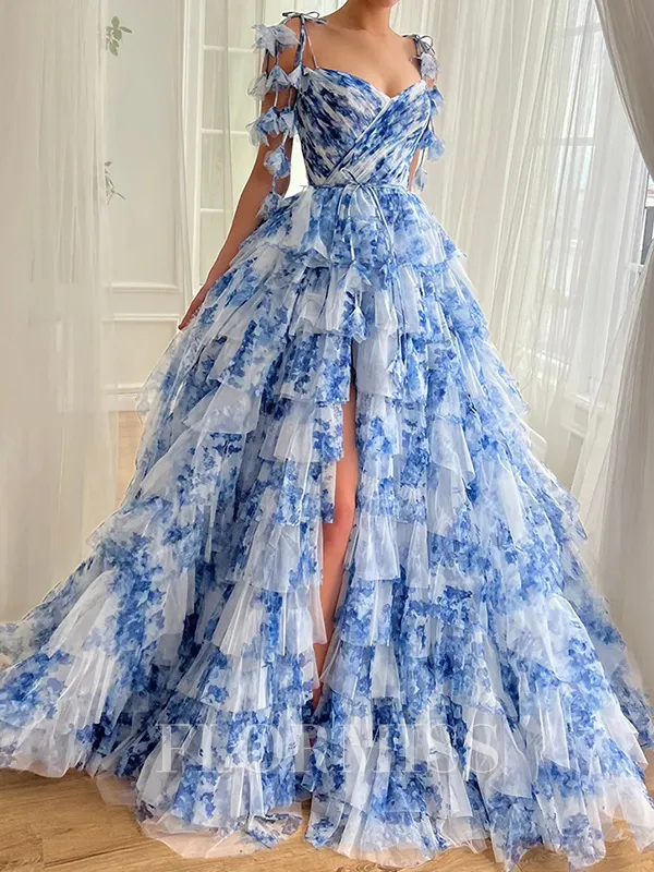 A-line V-neck Cascading Ruffles Floor-Length Porm Dress