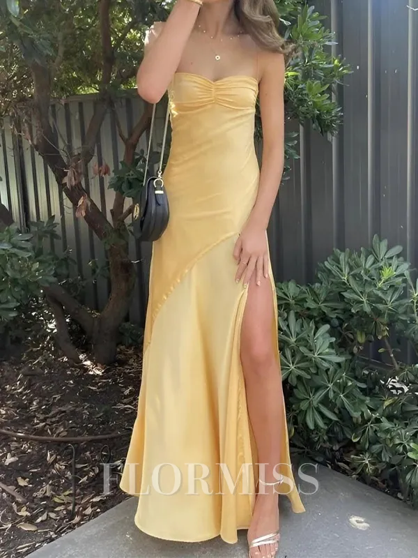 Sheath Spaghetti Straps Pleated Ankle-Length Silk Like Satin Porm Dress