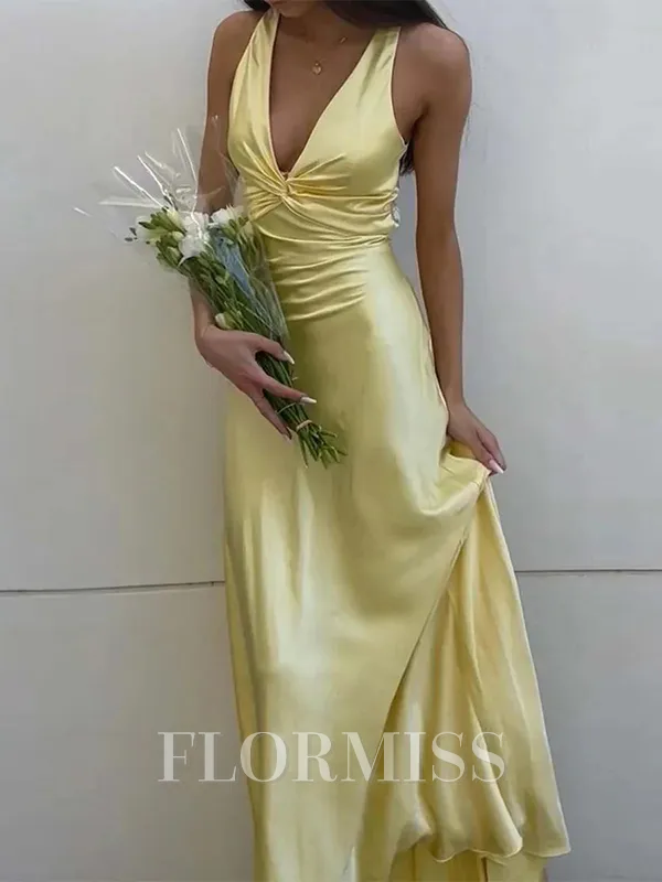 Sheath V-neck Pleated Sweep Train Silk like Satin Porm Dress