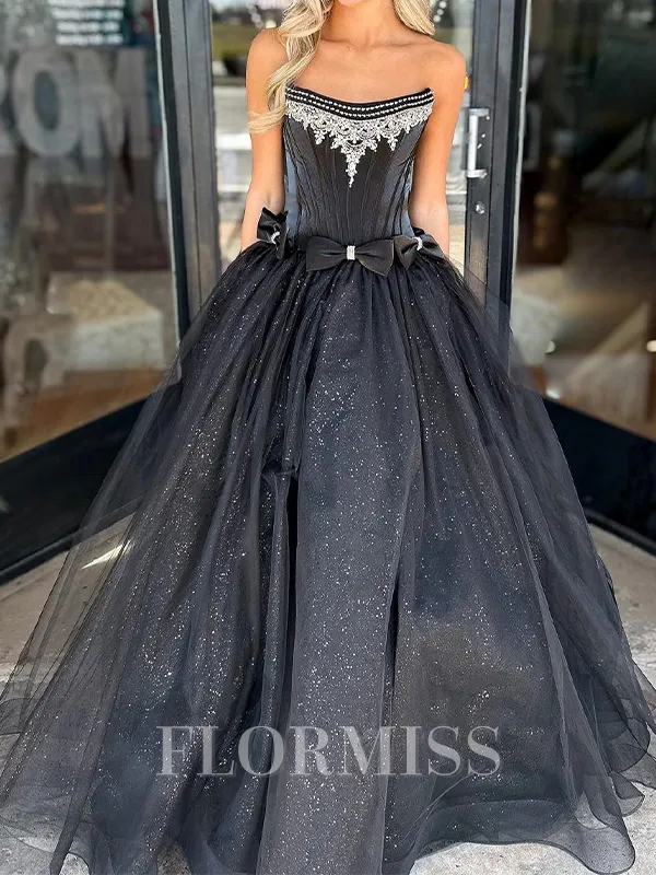 A-line Straight Bow Floor-Length Tulle Corset Porm Dress