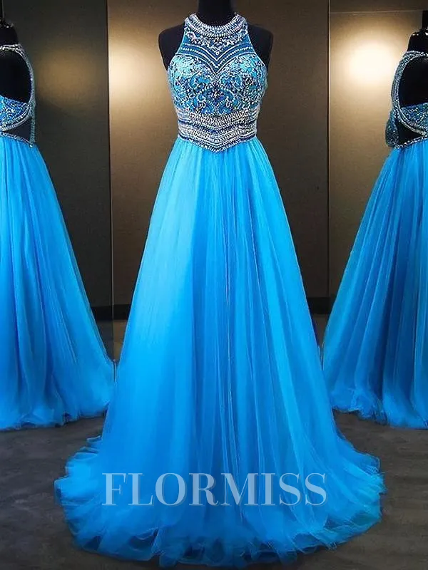 A-Line/Princess Jewel Sweep Train Tulle Prom Dress With Beading