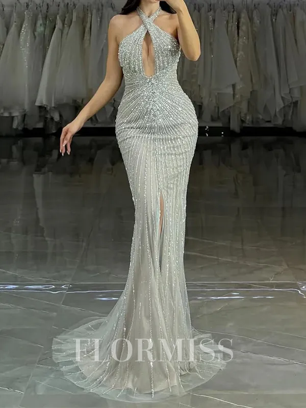 Sheath Halter Ruffles Sweep Train Tulle Porm Dress