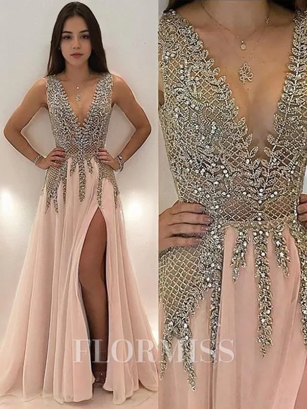 A-Line/Princess V-neck Sweep Train Tulle Prom Dress With Leg Slit