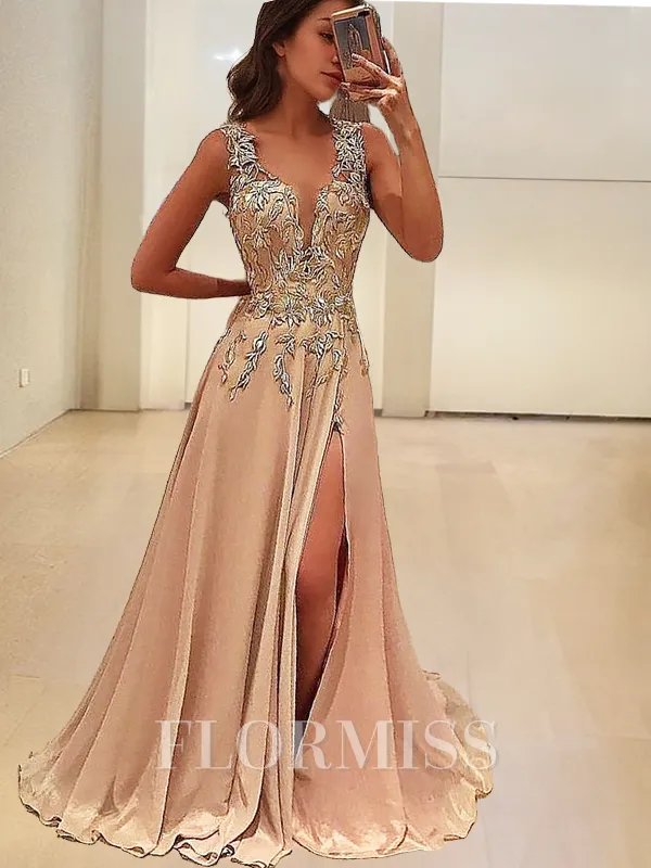 A-Line/Princess V-neck Floor-Length Silk like Satin Prom Dress With Leg Slit