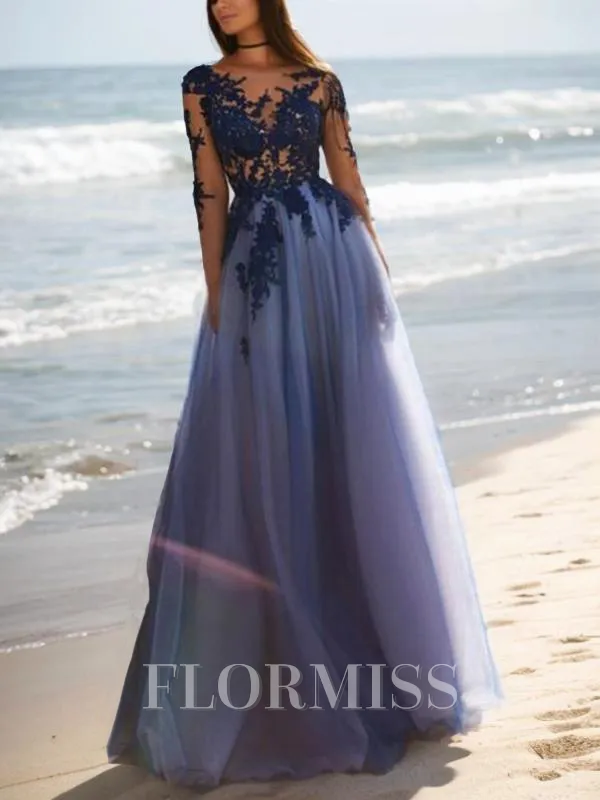 A-Line/Princess Scoop Floor-Length Tulle Prom Dress With Appliques Lace