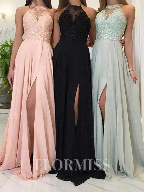 A-Line/Princess Halter Sweep Train Chiffon Prom Dress With Leg Slit
