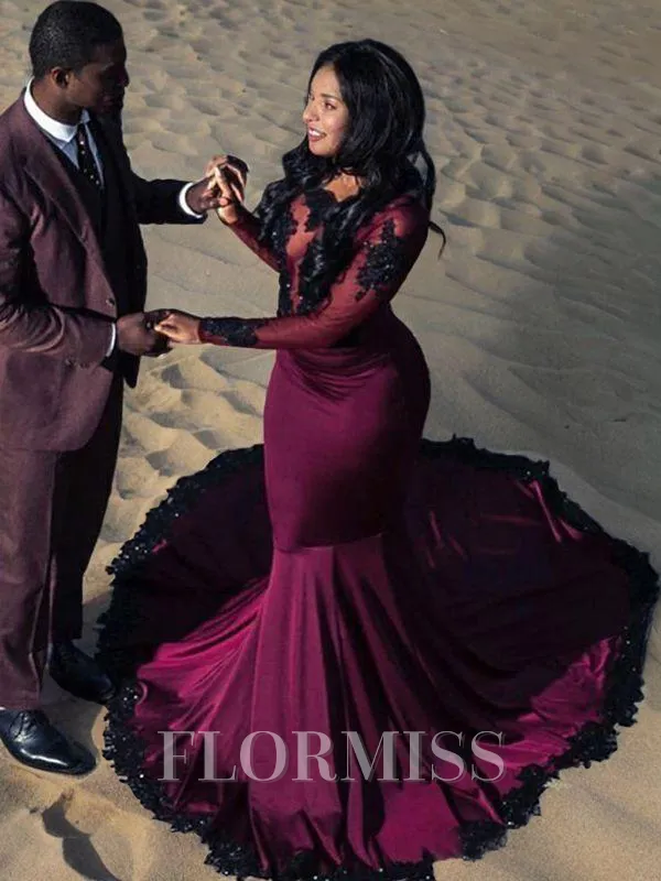 Trumpet/Mermaid Bateau Sweep Train Spandex Prom Dress With Appliques Lace