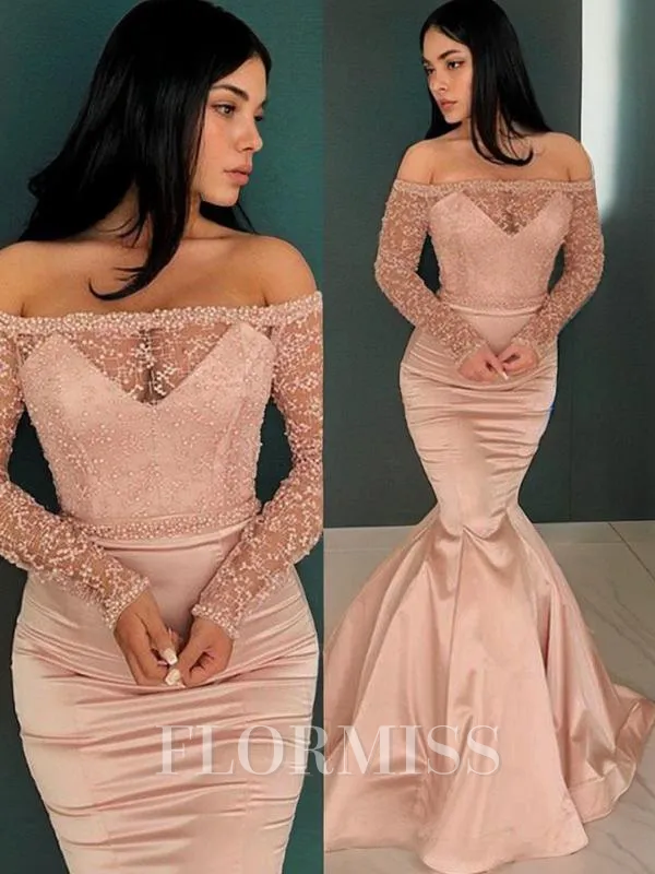 Trumpet/Mermaid Off-the-Shoulder Sweep Train Satin Prom Dress