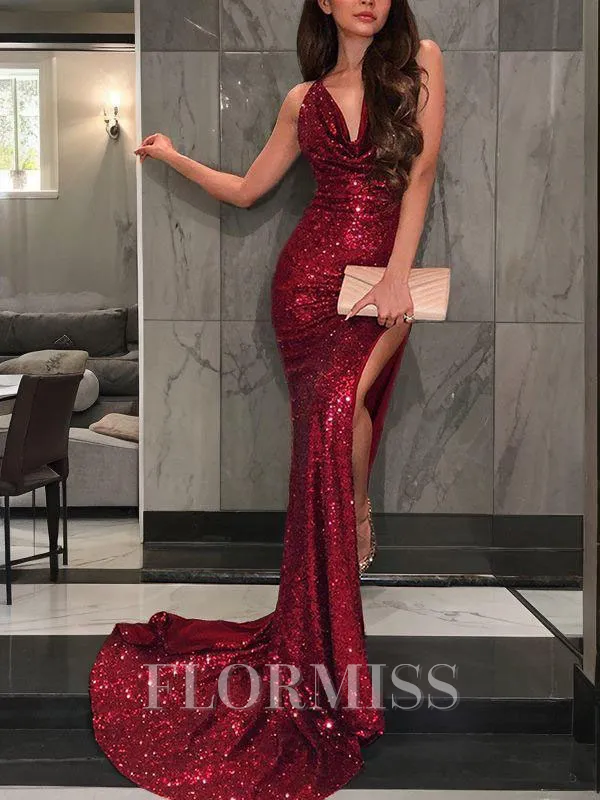 Trumpet/Mermaid V-neck Court Train Sequins Prom Dress With Leg Slit