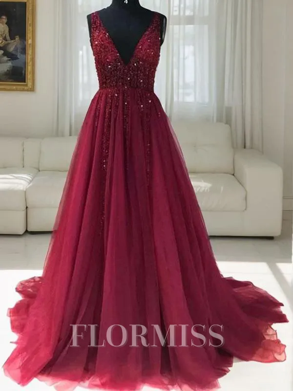 A-Line/Princess V-neck Sweep Train Tulle Prom Dress With Ruffles