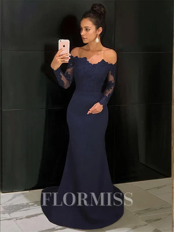 Trumpet/Mermaid Off-the-Shoulder Court Train Stretch Crepe Prom Dress With Lace