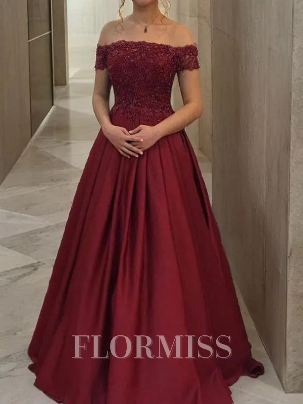 Ball Gown Off-the-Shoulder Floor-Length Satin Prom Dress With Appliques Lace