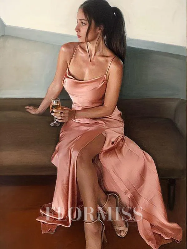 Sheath/Column Spaghetti Straps Floor-Length Silk like Satin Prom Dress With Leg Slit