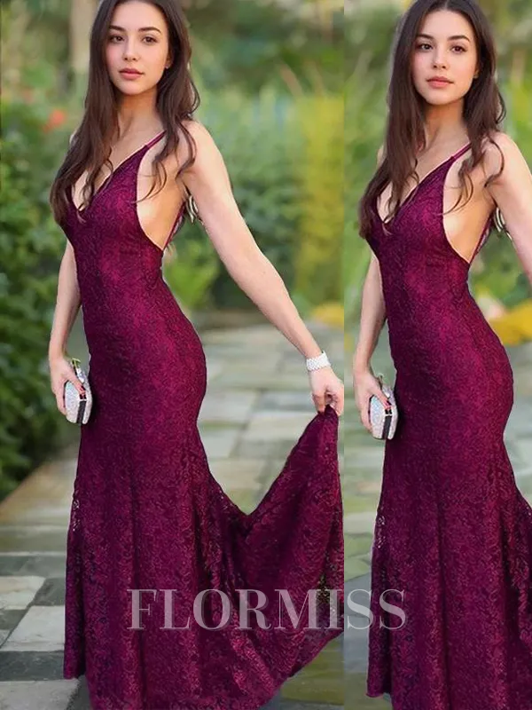 Trumpet/Mermaid V-neck Sweep Train Lace Prom Dress