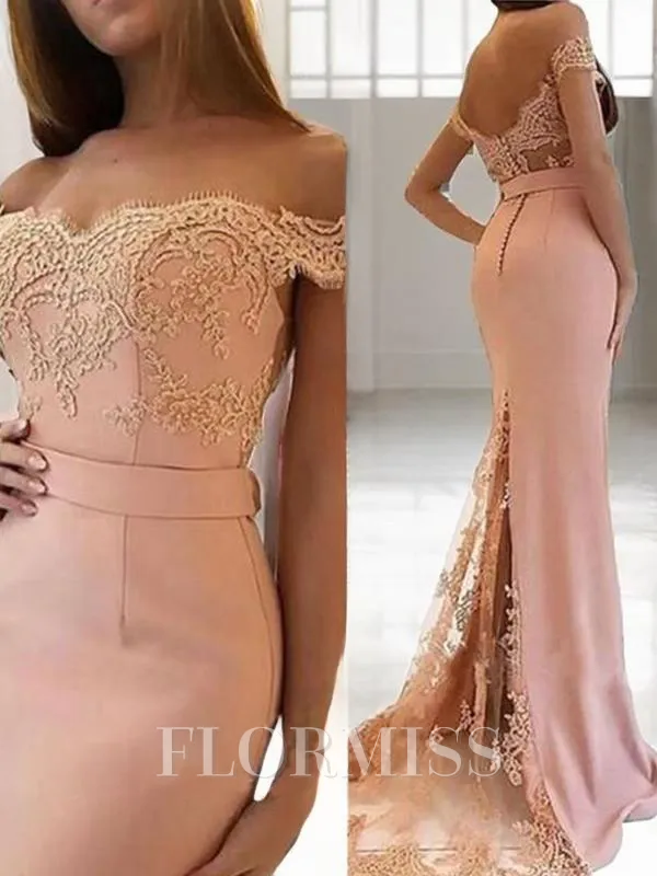 Sheath/Column Off-the-Shoulder Sweep Train Stretch Crepe Prom Dress With Appliques Lace