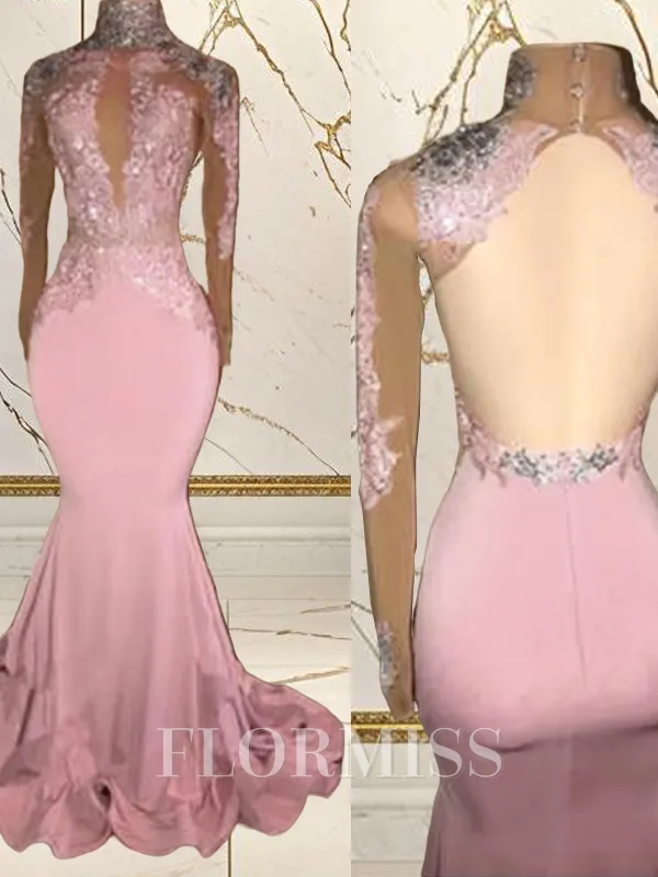 Trumpet/Mermaid High Neck Sweep Train Jersey Prom Dress With Appliques Lace