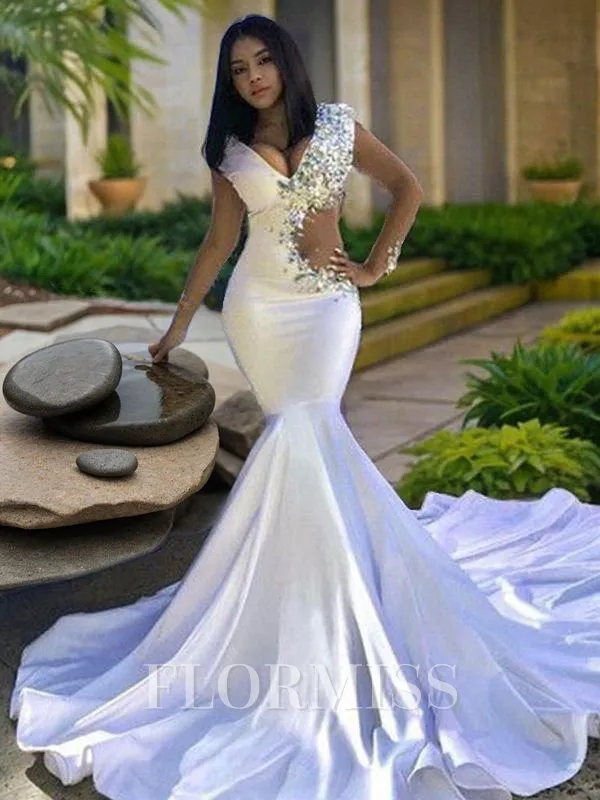 Trumpet/Mermaid V-neck Chapel Train Silk Like Satin Prom Dress With Beading