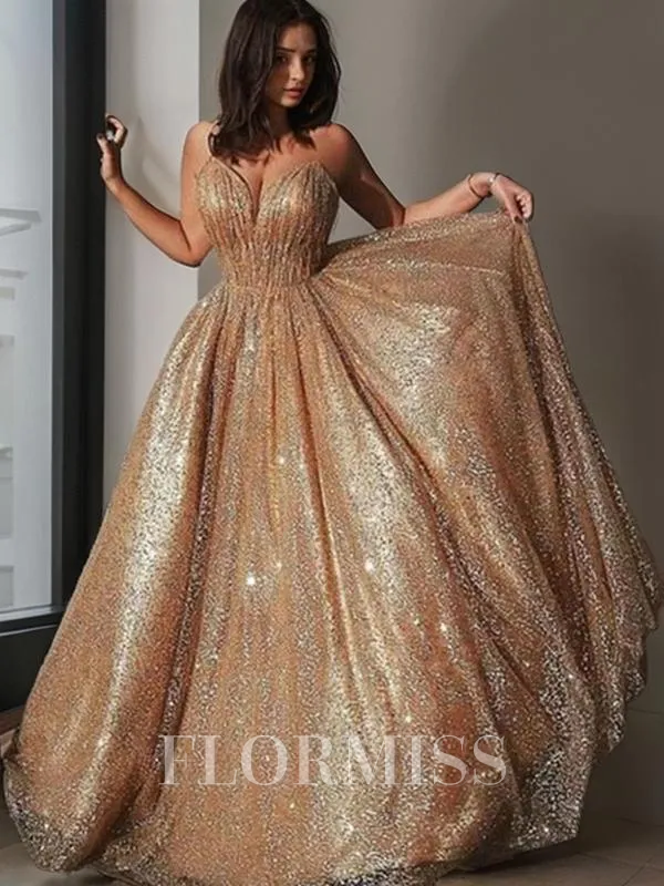 A-Line/Princess Spaghetti Straps Court Train Tulle Prom Dress With Sequin
