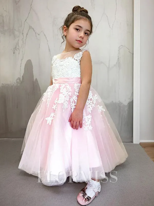 Ball Gown Scoop Ankle-Length Tulle Flower Girl Dresses With Appliques Lace