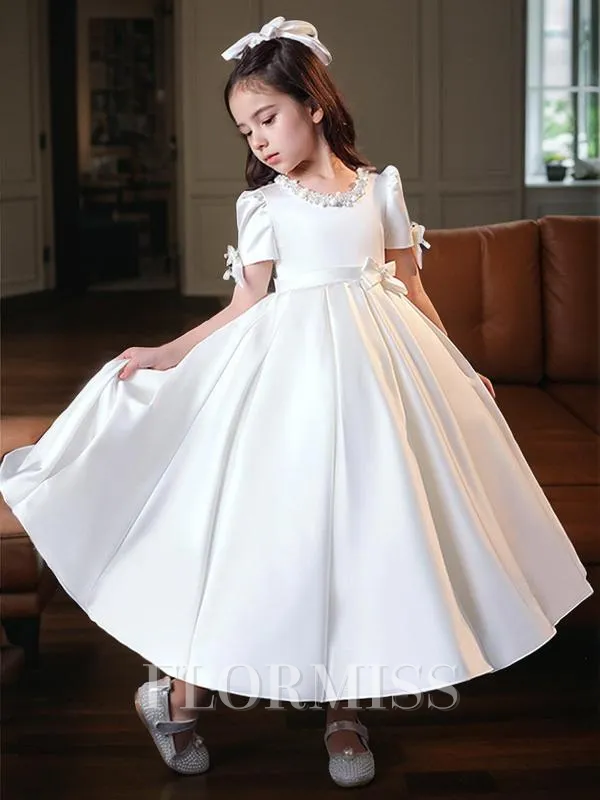 A-Line/Princess Jewel Tea-Length Satin Flower Girl Dresses With Belt/Sash
