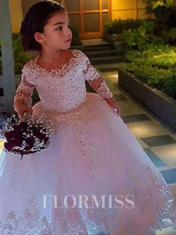 Ball Gown Scoop Floor-Length Tulle Flower Girl Dresses With Appliques Lace