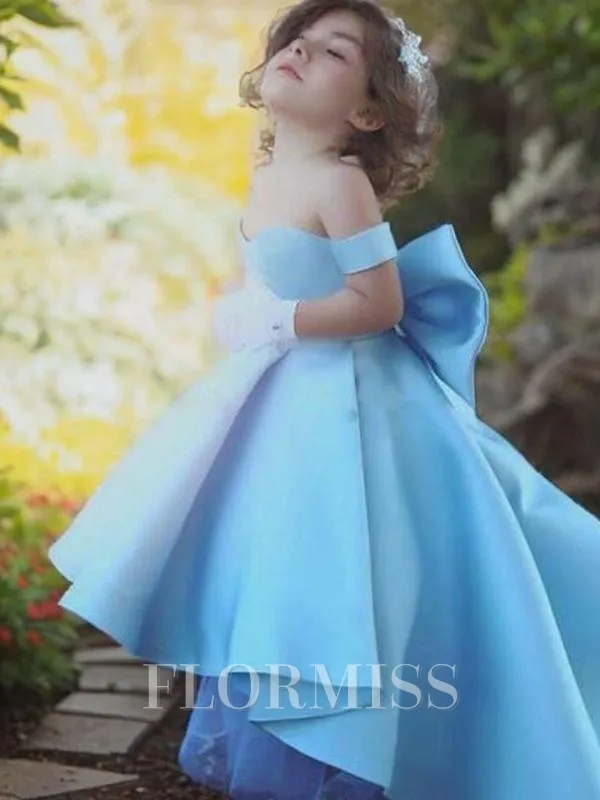 Ball Gown Off-the-Shoulder Asymmetrical Satin Flower Girl Dresses With Ruffles
