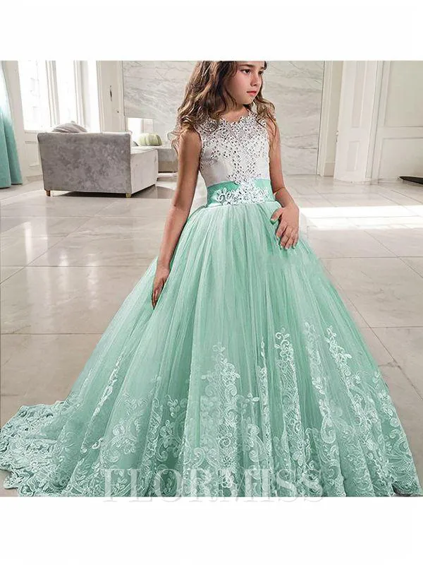 Ball Gown Jewel Sweep Train Tulle Flower Girl Dresses With Lace