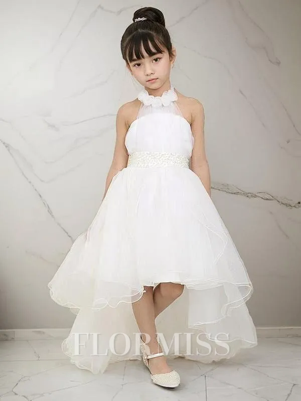 A-Line/Princess High Neck Asymmetrical Organza Flower Girl Dresses With Beading