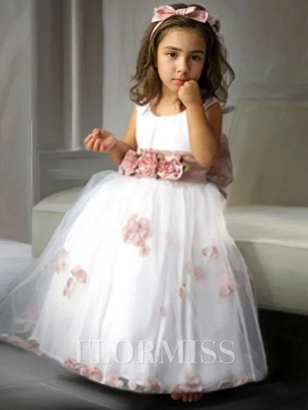A-Line/Princess Scoop Floor-Length Tulle Flower Girl Dresses With Belt/Sash