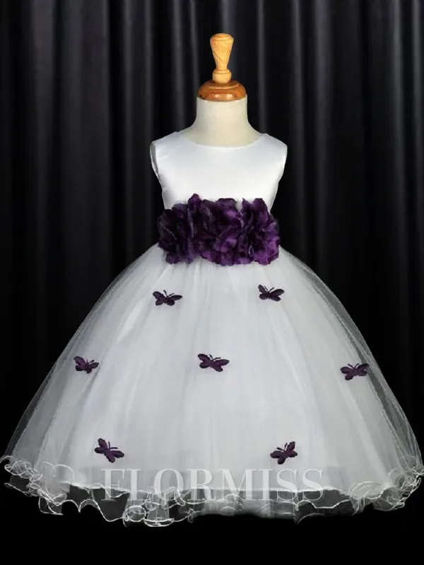 A-Line/Princess Scoop Tea-Length Organza Flower Girl Dresses With Belt/Sash