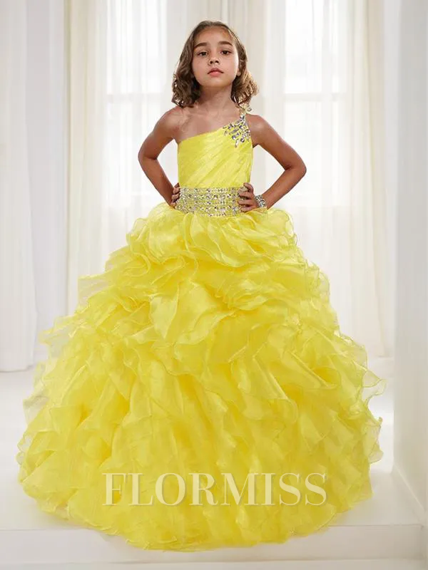 Ball Gown One-Shoulder Floor-Length Organza Flower Girl Dresses With Beading