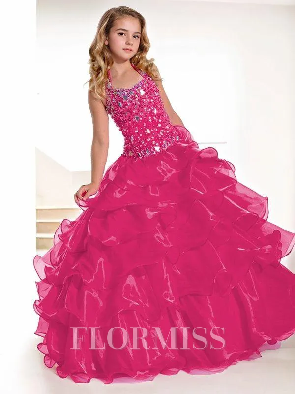 Ball Gown Halter Floor-Length Organza Flower Girl Dresses With Rhinestone