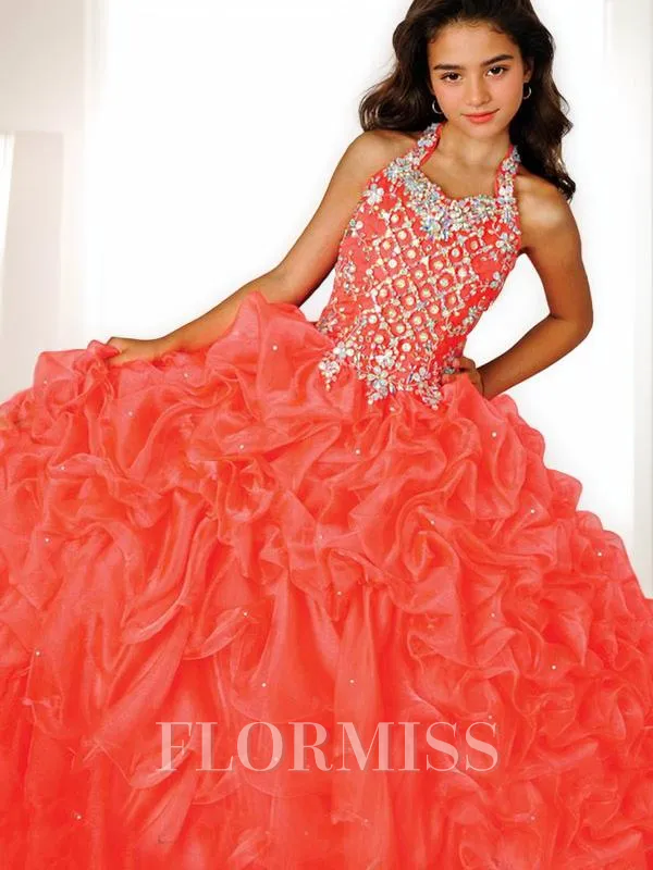 Ball Gown Halter Floor-Length Organza Flower Girl Dresses With Beading