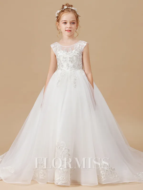 Ball Gown Scoop Sweep Train Tulle Flower Girl Dresses With Appliques Lace