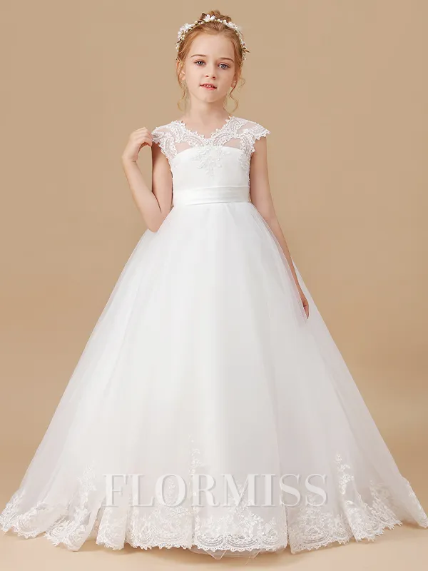 Ball Gown V-neck Sweep Train Tulle Flower Girl Dresses With Lace