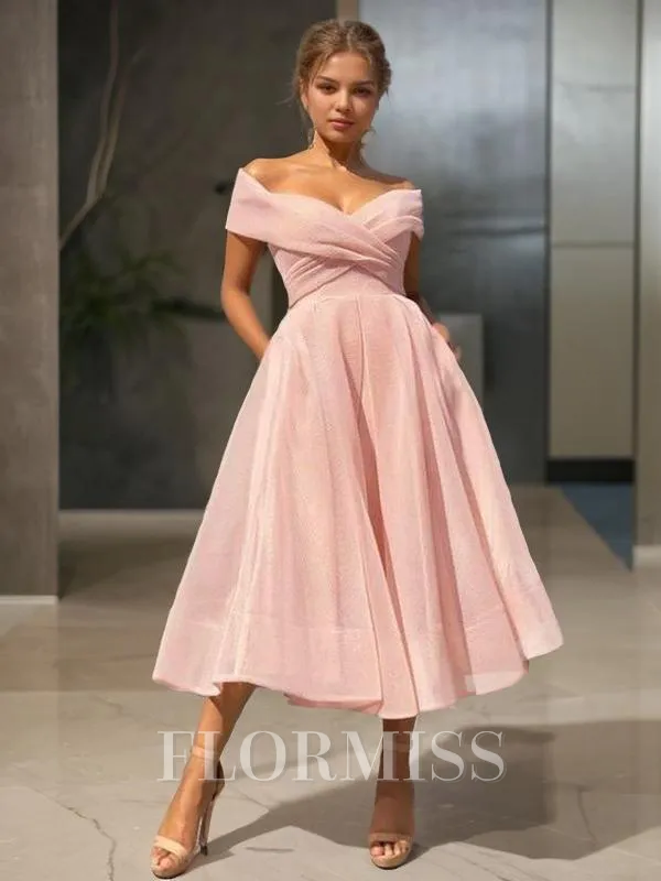  A-line/princess Off-the-Shoulder Tea-length Organza Homecoming Dress 
