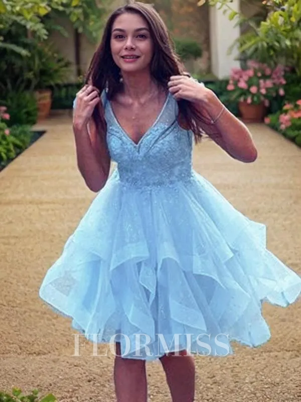 A-Line/Princess V-neck Short/Mini Tulle Homecoming Dress With Cascading Ruffles
