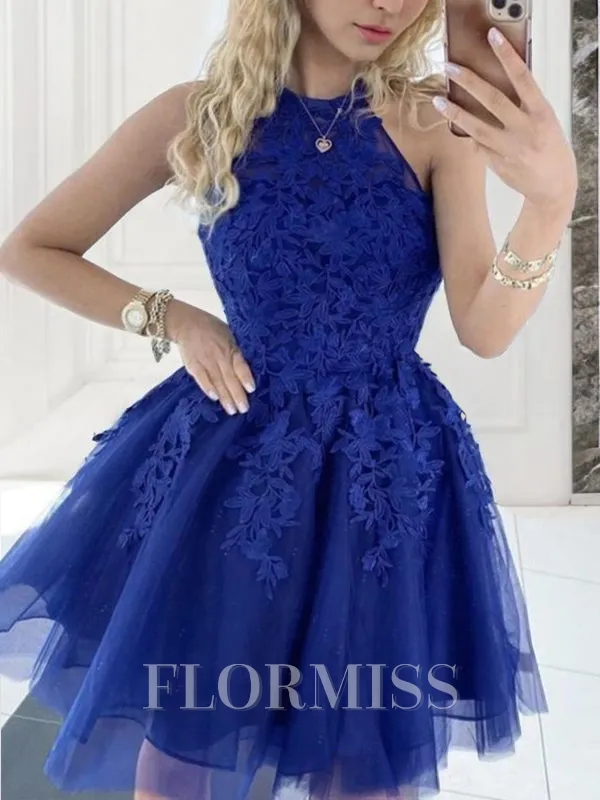 A-Line/Princess Halter Short/Mini Tulle Homecoming Dress With Appliques Lace