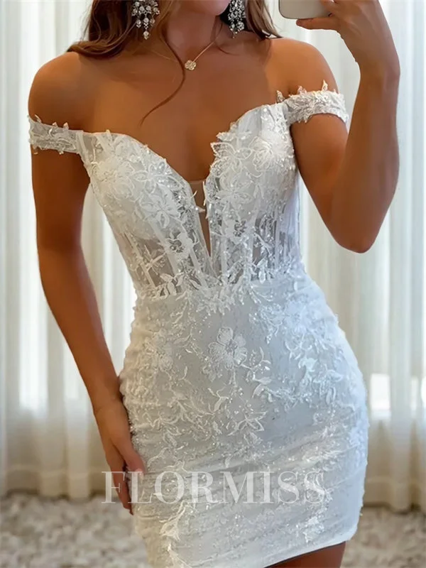 Sheath Off-the-Shoulder Appliques Lace Short/Mini Lace Corset Homecoming Dress