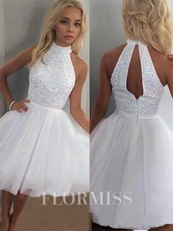 A-Line/Princess Halter Short/Mini Tulle Homecoming Dress With Beading