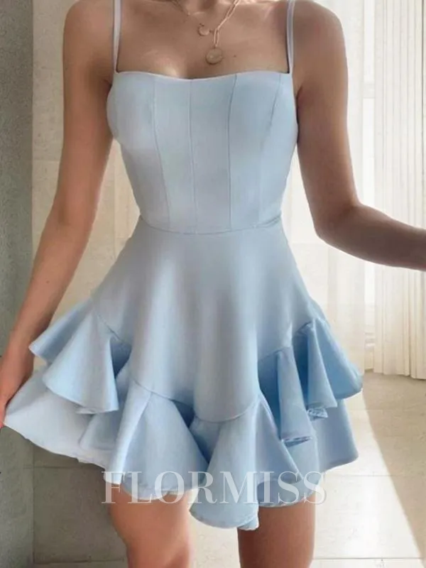 A-Line/Princess Spaghetti Straps Short/Mini Stretch Crepe Homecoming Dress With Cascading Ruffles