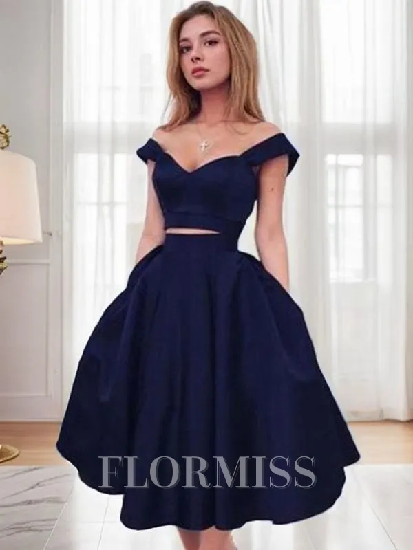 A-Line/Princess Off-the-Shoulder Tea-Length Satin Homecoming Dress