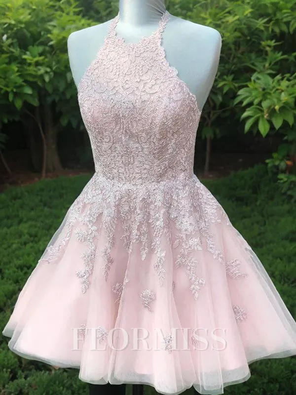 A-Line/Princess Halter Short/Mini Tulle Homecoming Dress With Appliques Lace
