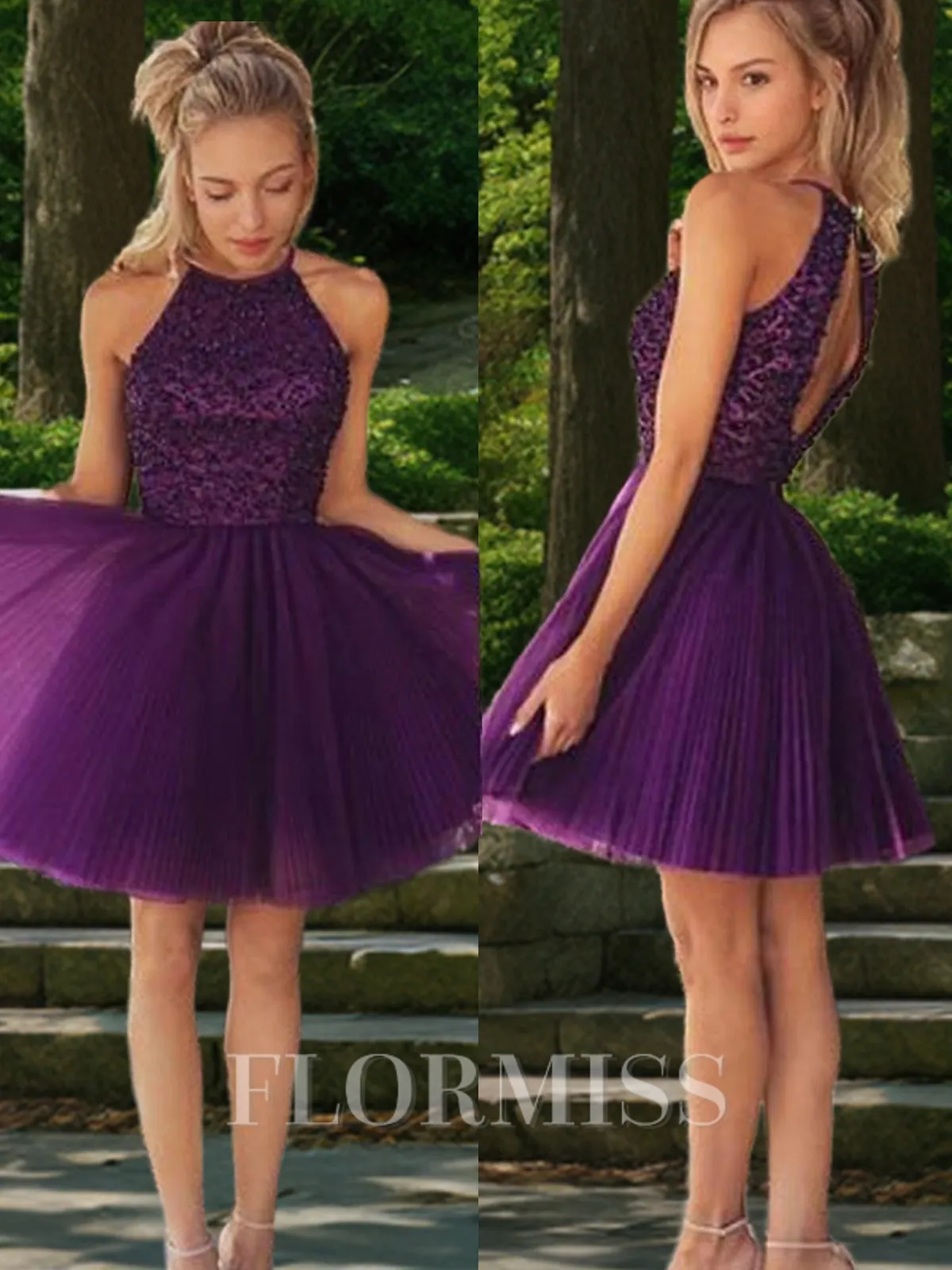 A-Line/Princess Halter Short/Mini Tulle Homecoming Dress With Beading