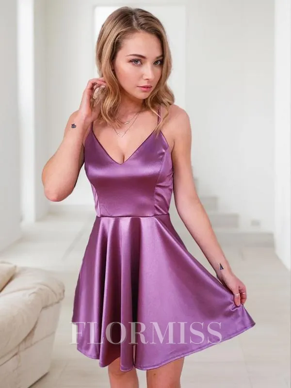 A-Line/Princess V-neck Short/Mini Silk Like Satin Homecoming Dress